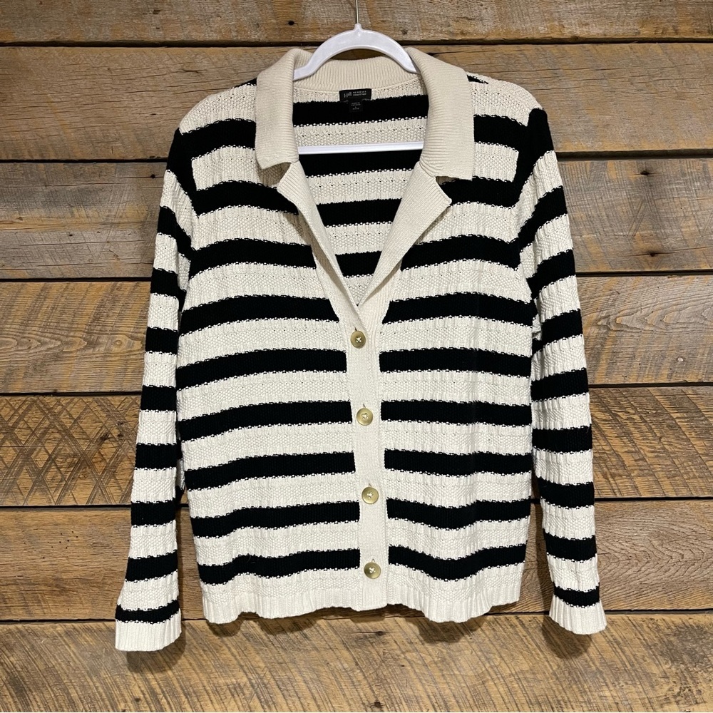 J Jill Wherever Collection Striped Black Ivory Knit Cardigan Large Petite Office - Picture 3 of 12